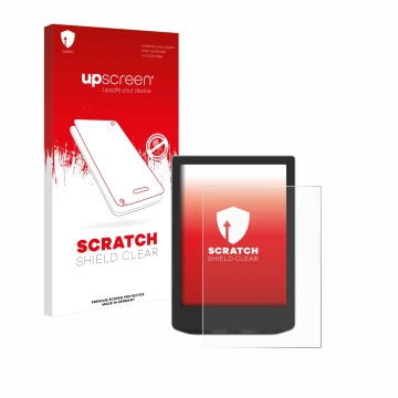Parte frontale di una confezione del prodotto con il logo del marchio upscreen. Accanto è raffigurato il dispositivo Vivlio Li