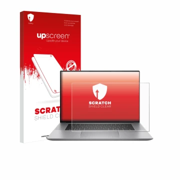 Parte frontale di una confezione del prodotto con il logo del marchio upscreen. Accanto è raffigurato il dispositivo HP Zbook 