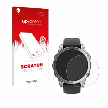 Parte frontale di una confezione del prodotto con il logo del marchio upscreen. Accanto è raffigurato il dispositivo Garmin Fe