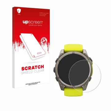 Parte frontale di una confezione del prodotto con il logo del marchio upscreen. Accanto è raffigurato il dispositivo Garmin Fe