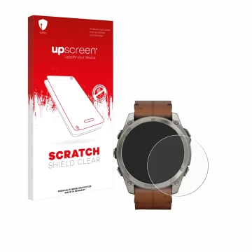 Parte frontale di una confezione del prodotto con il logo del marchio upscreen. Accanto è raffigurato il dispositivo Garmin Fe