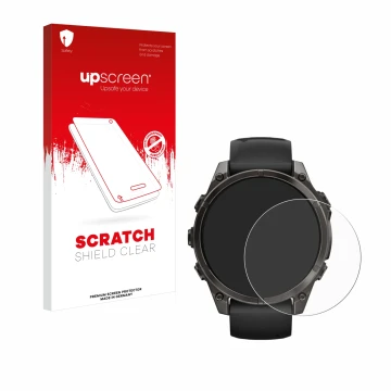 Parte frontale di una confezione del prodotto con il logo del marchio upscreen. Accanto è raffigurato il dispositivo Garmin Fe