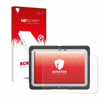 Parte frontale di una confezione del prodotto con il logo del marchio upscreen. Accanto è raffigurato il dispositivo Panasonic