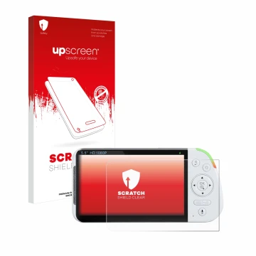 Parte frontale di una confezione del prodotto con il logo del marchio upscreen. Accanto è raffigurato il dispositivo Babysense