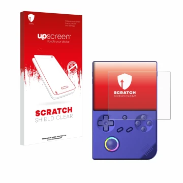 Parte frontale di una confezione del prodotto con il logo del marchio upscreen. Accanto è raffigurato il dispositivo Anbernic 