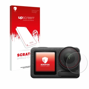 Parte frontale di una confezione del prodotto con il logo del marchio upscreen. Accanto è raffigurato il dispositivo DJI Osmo 