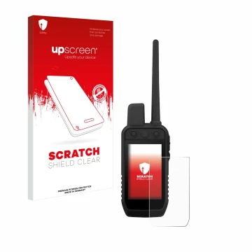 Parte frontale di una confezione del prodotto con il logo del marchio upscreen. Accanto è raffigurato il dispositivo Garmin Al