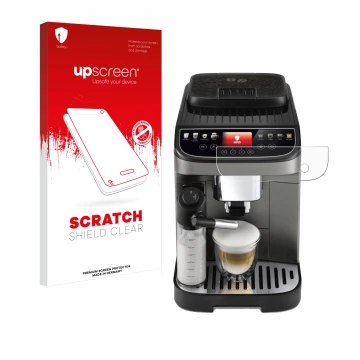 Parte frontale di una confezione del prodotto con il logo del marchio upscreen. Accanto è raffigurato il dispositivo DeLonghi 