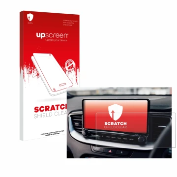 Parte frontale di una confezione del prodotto con il logo del marchio upscreen. Accanto è raffigurato il dispositivo Kia XCeed