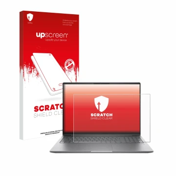 Parte frontale di una confezione del prodotto con il logo del marchio upscreen. Accanto è raffigurato il dispositivo HP ZBook 