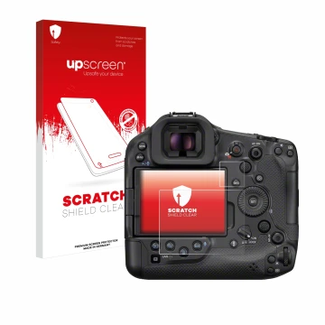 Parte frontale di una confezione del prodotto con il logo del marchio upscreen. Accanto è raffigurato il dispositivo Canon EOS