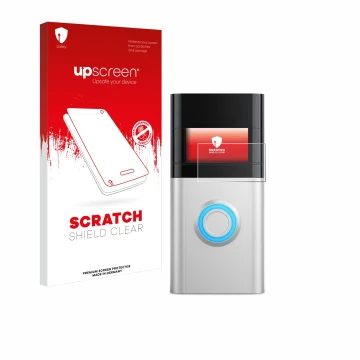 Parte frontale di una confezione del prodotto con il logo del marchio upscreen. Accanto è raffigurato il dispositivo Ring Vide