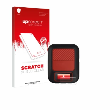 Parte frontale di una confezione del prodotto con il logo del marchio upscreen. Accanto è raffigurato il dispositivo Garmin in
