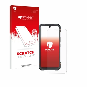 Parte frontale di una confezione del prodotto con il logo del marchio upscreen. Accanto è raffigurato il dispositivo Cubot Kin