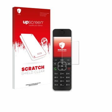 Parte frontale di una confezione del prodotto con il logo del marchio upscreen. Accanto è raffigurato il dispositivo AVM Fritz