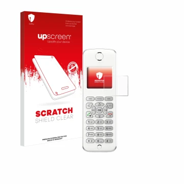 Parte frontale di una confezione del prodotto con il logo del marchio upscreen. Accanto è raffigurato il dispositivo AVM Fritz