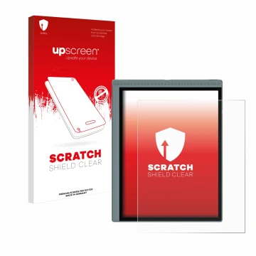 Parte frontale di una confezione del prodotto con il logo del marchio upscreen. Accanto è raffigurato il dispositivo Bigme B10
