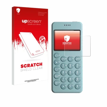 Parte frontale di una confezione del prodotto con il logo del marchio upscreen. Accanto è raffigurato il dispositivo Punkt MP0