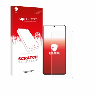 Parte frontale di una confezione del prodotto con il logo del marchio upscreen. Accanto è raffigurato il dispositivo OnePlus 1