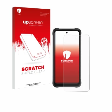 Parte frontale di una confezione del prodotto con il logo del marchio upscreen. Accanto è raffigurato il dispositivo Umidigi B
