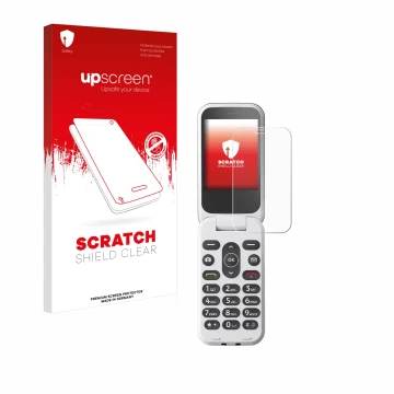 Parte frontale di una confezione del prodotto con il logo del marchio upscreen. Accanto è raffigurato il dispositivo Doro 2820
