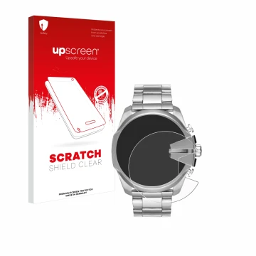 Parte frontale di una confezione del prodotto con il logo del marchio upscreen. Accanto è raffigurato il dispositivo Diesel Me