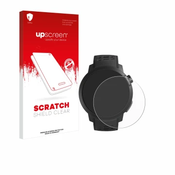 Parte frontale di una confezione del prodotto con il logo del marchio upscreen. Accanto è raffigurato il dispositivo Coros Pac