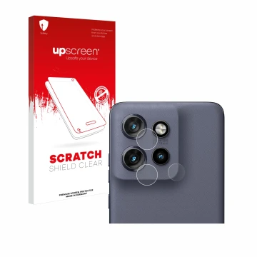 Parte frontale di una confezione del prodotto con il logo del marchio upscreen. Accanto è raffigurato il dispositivo Motorola 