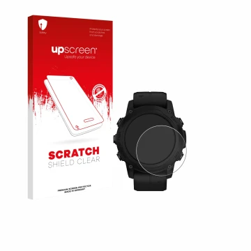 Parte frontale di una confezione del prodotto con il logo del marchio upscreen. Accanto è raffigurato il dispositivo Garmin De