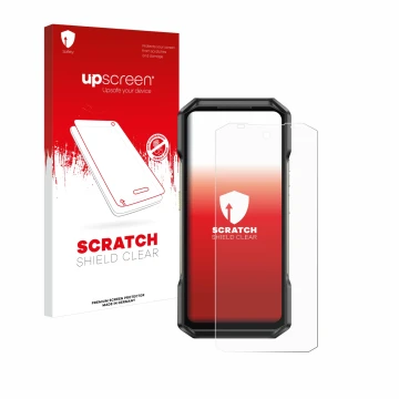 Parte frontale di una confezione del prodotto con il logo del marchio upscreen. Accanto è raffigurato il dispositivo Ulefone A