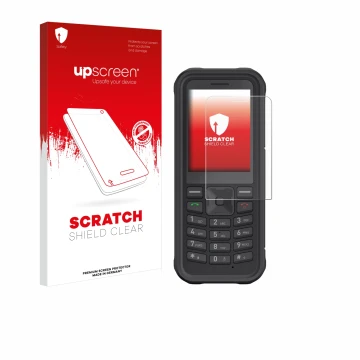 Parte frontale di una confezione del prodotto con il logo del marchio upscreen. Accanto è raffigurato il dispositivo Sonim XP1