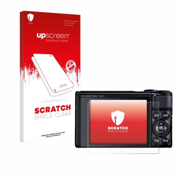 Parte frontale di una confezione del prodotto con il logo del marchio upscreen. Accanto è raffigurato il dispositivo Canon Pow