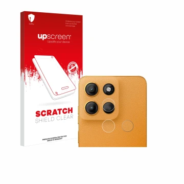 Parte frontale di una confezione del prodotto con il logo del marchio upscreen. Accanto è raffigurato il dispositivo Motorola 