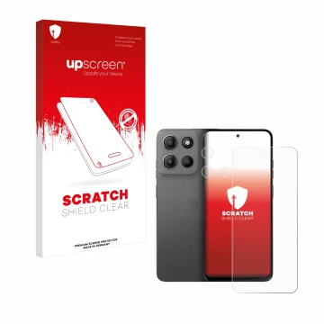 Parte frontale di una confezione del prodotto con il logo del marchio upscreen. Accanto è raffigurato il dispositivo Motorola 