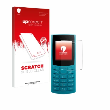 Parte frontale di una confezione del prodotto con il logo del marchio upscreen. Accanto è raffigurato il dispositivo Nokia 105