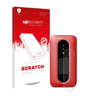 Parte frontale di una confezione del prodotto con il logo del marchio upscreen. Accanto è raffigurato il dispositivo Doro Leva