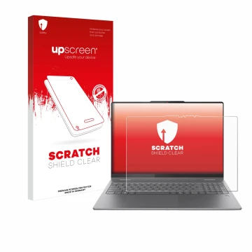 Parte frontale di una confezione del prodotto con il logo del marchio upscreen. Accanto è raffigurato il dispositivo Lenovo Yo