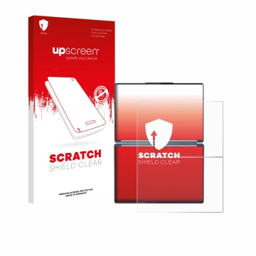 Parte frontale di una confezione del prodotto con il logo del marchio upscreen. Accanto è raffigurato il dispositivo Lenovo Yo