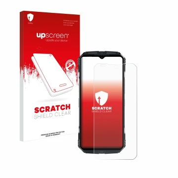Parte frontale di una confezione del prodotto con il logo del marchio upscreen. Accanto è raffigurato il dispositivo Doogee S1