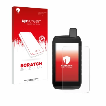 Parte frontale di una confezione del prodotto con il logo del marchio upscreen. Accanto è raffigurato il dispositivo Garmin Mo