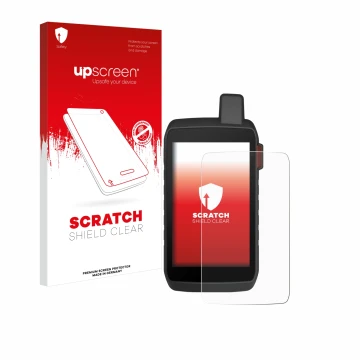 Parte frontale di una confezione del prodotto con il logo del marchio upscreen. Accanto è raffigurato il dispositivo Garmin Mo