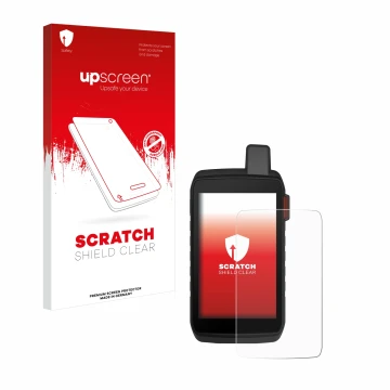 Parte frontale di una confezione del prodotto con il logo del marchio upscreen. Accanto è raffigurato il dispositivo Garmin Mo