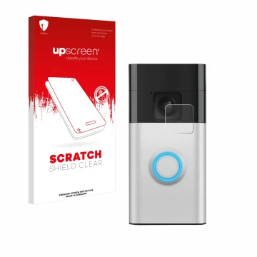 Parte frontale di una confezione del prodotto con il logo del marchio upscreen. Accanto è raffigurato il dispositivo Ring Batt