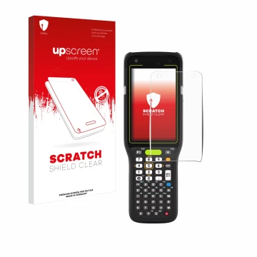 Parte frontale di una confezione del prodotto con il logo del marchio upscreen. Accanto è raffigurato il dispositivo Zebra MC3