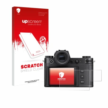 Parte frontale di una confezione del prodotto con il logo del marchio upscreen. Accanto è raffigurato il dispositivo Leica SL3