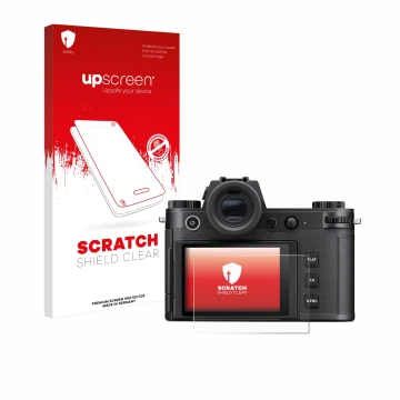 Parte frontale di una confezione del prodotto con il logo del marchio upscreen. Accanto è raffigurato il dispositivo Leica SL3