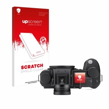 Parte frontale di una confezione del prodotto con il logo del marchio upscreen. Accanto è raffigurato il dispositivo Leica SL3