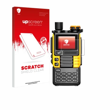Parte frontale di una confezione del prodotto con il logo del marchio upscreen. Accanto è raffigurato il dispositivo Quansheng