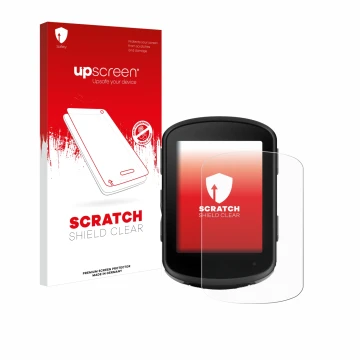 Parte frontale di una confezione del prodotto con il logo del marchio upscreen. Accanto è raffigurato il dispositivo Garmin Ed