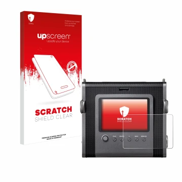 Parte frontale di una confezione del prodotto con il logo del marchio upscreen. Accanto è raffigurato il dispositivo Fujifilm 